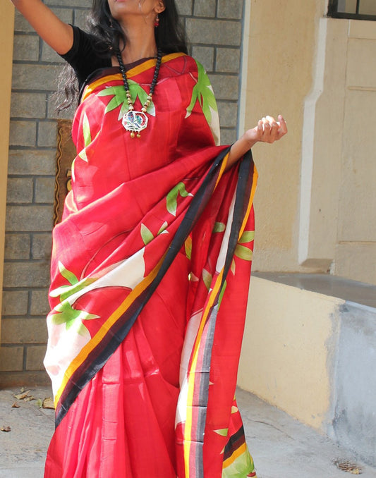 Red Handpainted Bishnupuri Silk Saree 