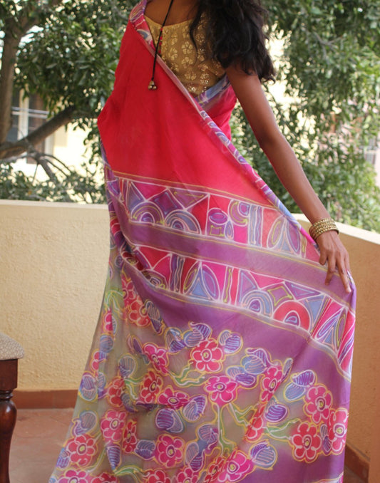 Pink  Handpainted Mulmul Cotton Saree 