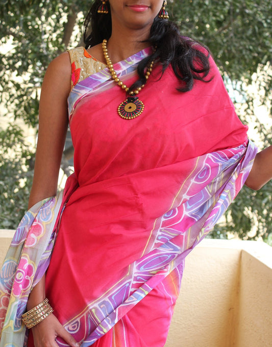 Pink  Handpainted Mulmul Cotton Saree