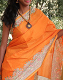 Orange Handpainted Mulmul Cotton Saree 