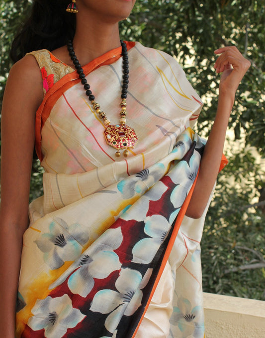 Offwhite Handpainted Bishnupuri Silk Saree 