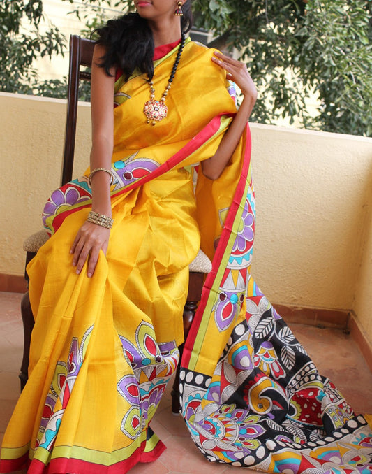 Yellow Madhubani Handpainted Bishnupuri Silk Saree 