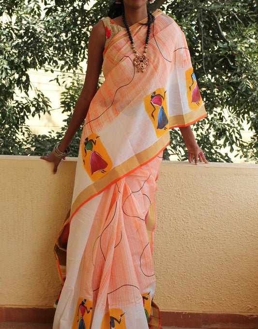 Kerala Kasavu  Handpainted Cotton Saree