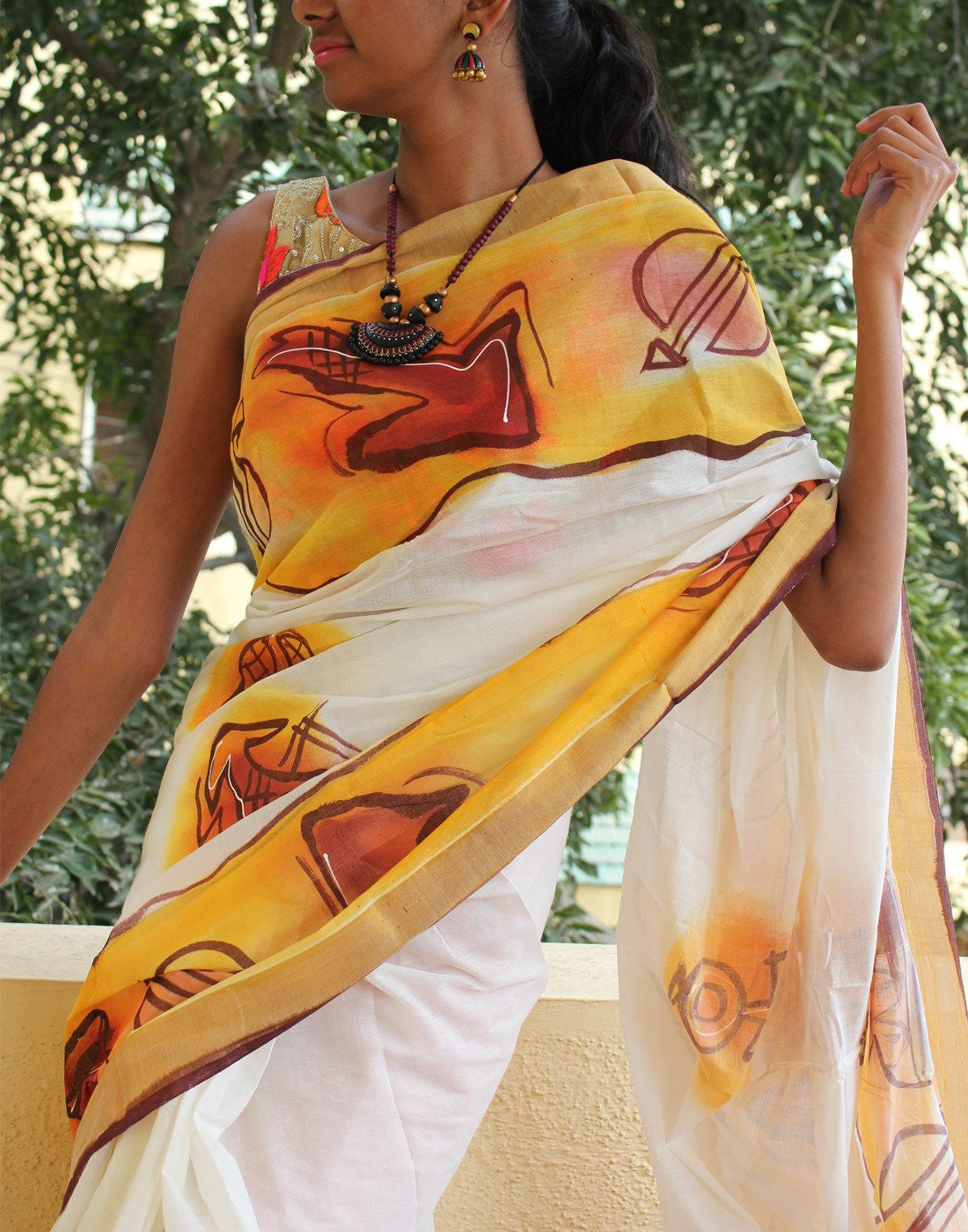 Kerala Kasavu  Handpainted Cotton Saree