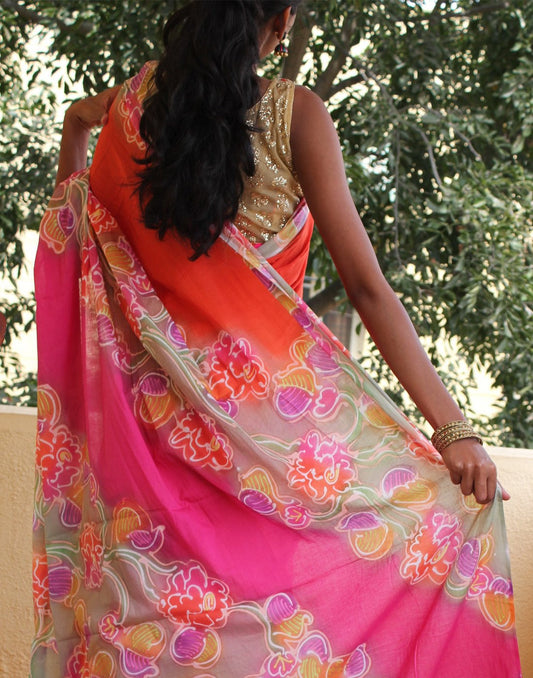 Orange Handpainted Mulmul Cotton Saree 