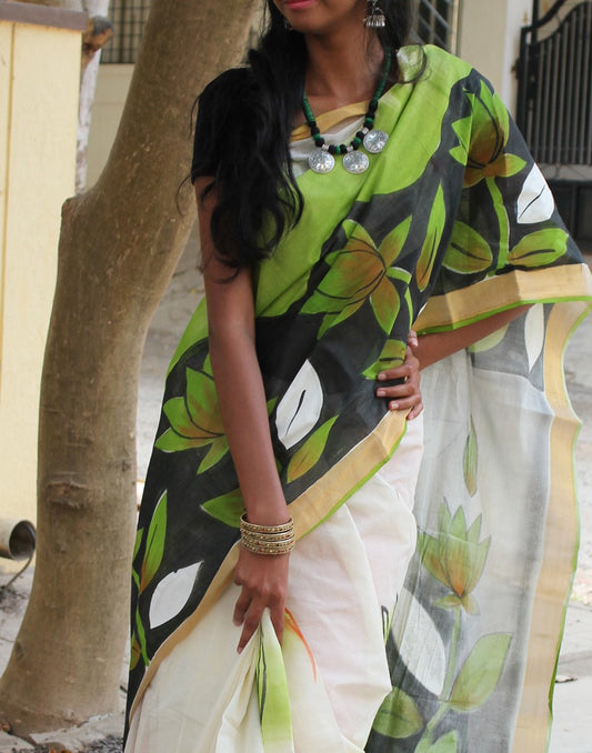 Kerala Kasavu  Handpainted Cotton Saree