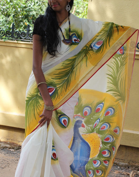 Kerala Kasavu  Handpainted Cotton Saree 