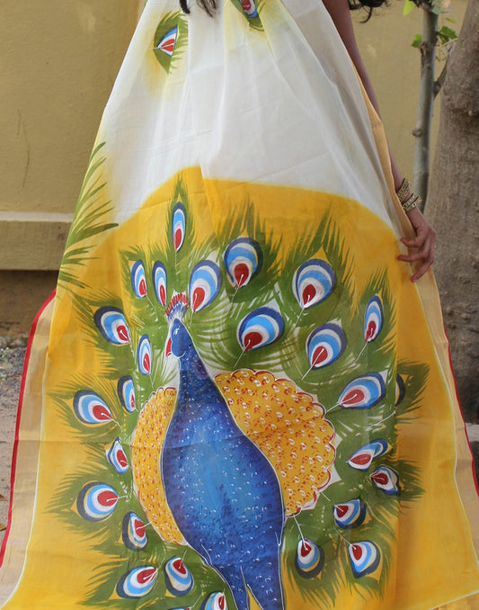 Kerala Kasavu  Handpainted Cotton Saree