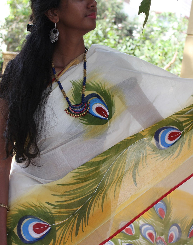 Kerala Kasavu  Handpainted Cotton Saree