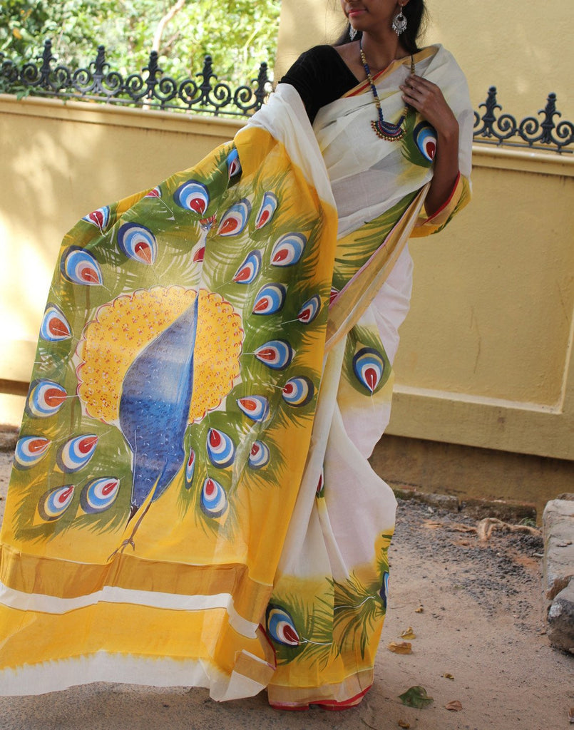Kerala Kasavu  Handpainted Cotton Saree