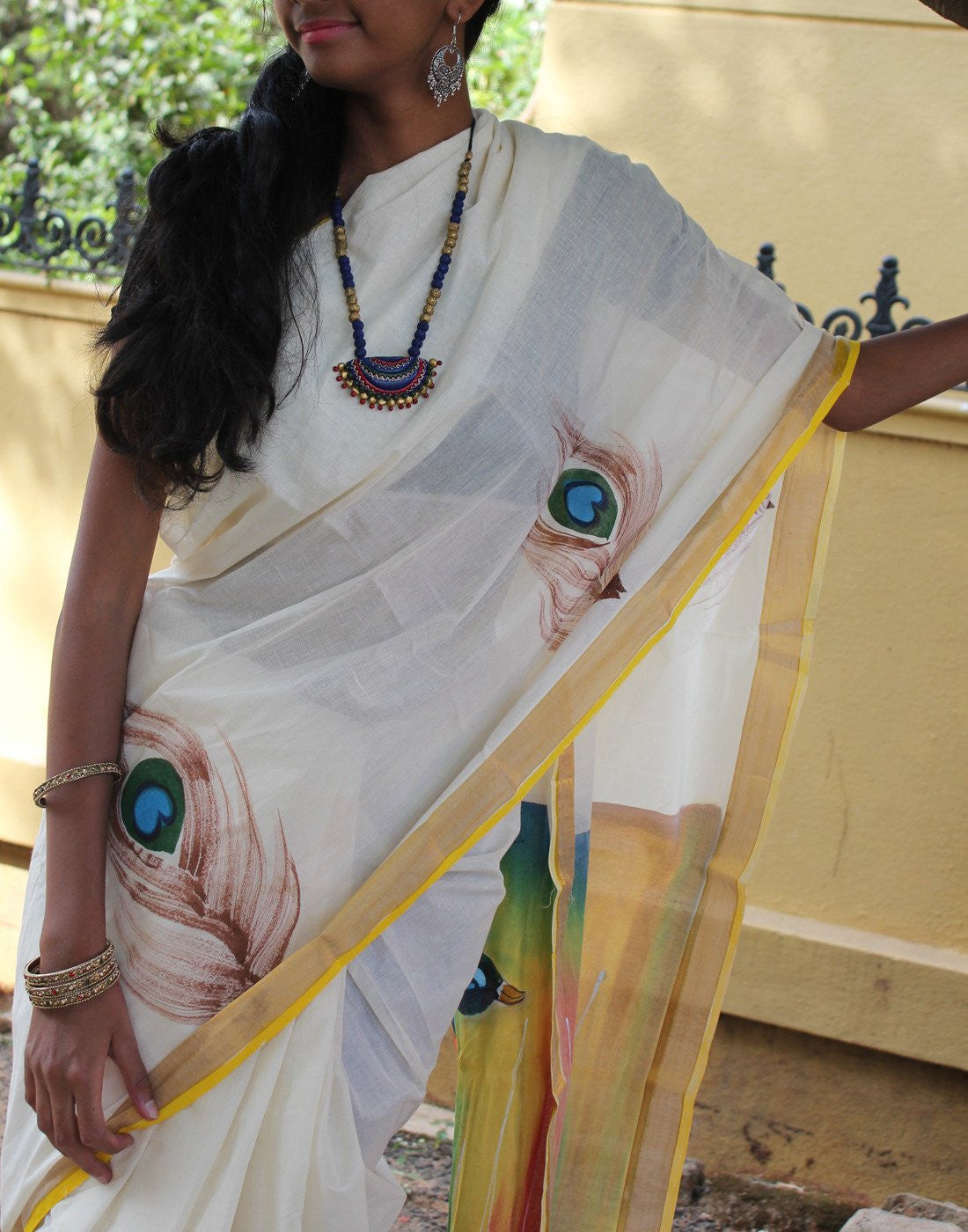 Kerala Kasavu  Handpainted Cotton Saree