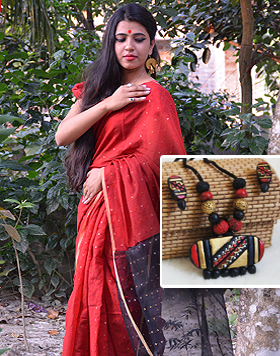 Ahinsa silk saree matched with terracota jewellery